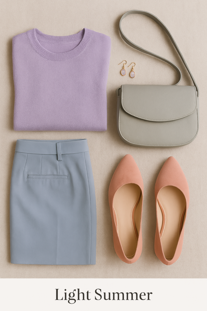 Flat lay of a Light Summer capsule wardrobe featuring a lavender blouse, powder blue sweater, rose-toned trousers, soft gray handbag, and blush ballet flats—styled for cool, soft-toned complexions.