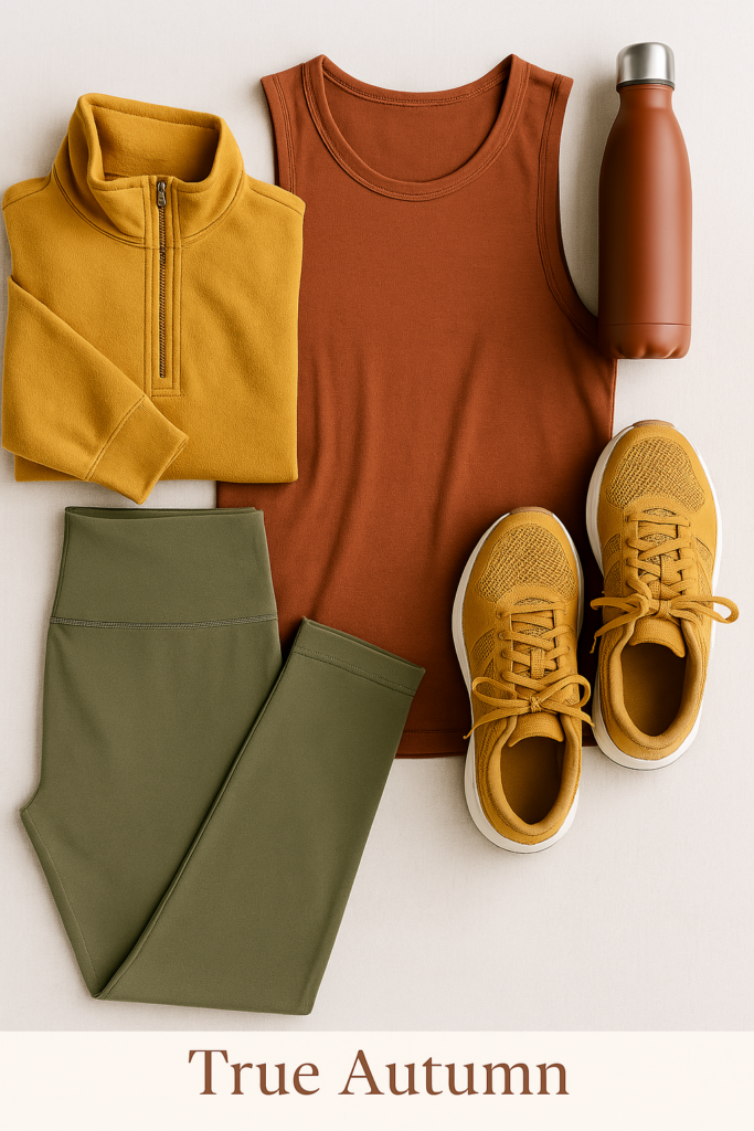 Flat lay of a True Autumn capsule gym outfit with a rust athletic top, deep olive joggers, camel-toned sneakers, and a mustard gym bag—styled for warm, earthy-toned complexions.