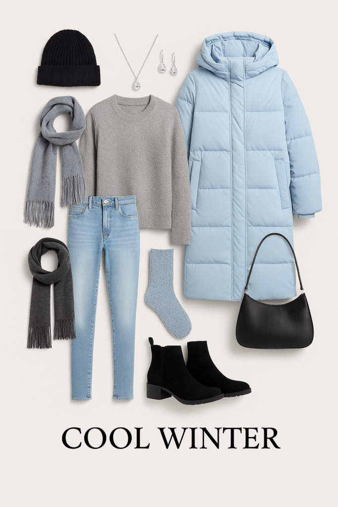Flat lay of a Cool Winter capsule outfit featuring a powder blue parka, light wash skinny jeans, gray sweater, icy blue socks, black boots, silver jewelry, black knit hat, multiple gray scarves, and a black handbag—styled for a sleek, high-contrast winter look.