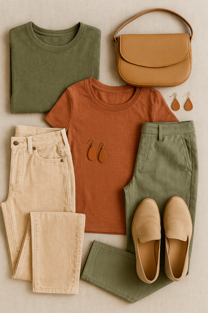 flat lay of capsule wardrobe in soft warm tones for Light Autumn color palette