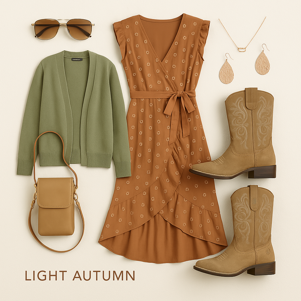 Flat lay of a Light Autumn outfit featuring a soft rust floral wrap dress, light olive cardigan, taupe cowgirl boots, camel crossbody purse, rose gold teardrop earrings, delicate gold necklace, and golden brown sunglasses—perfect for a feminine, polished church or date look.