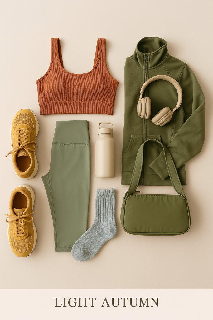 Flat lay of a Light Autumn activewear outfit featuring a soft rust sports bra, sage green leggings, matching zip-up jacket, golden yellow sneakers, olive gym bag, cream water bottle, soft gray socks, and beige over-ear headphones—perfect for a cozy Colorado workout vibe.