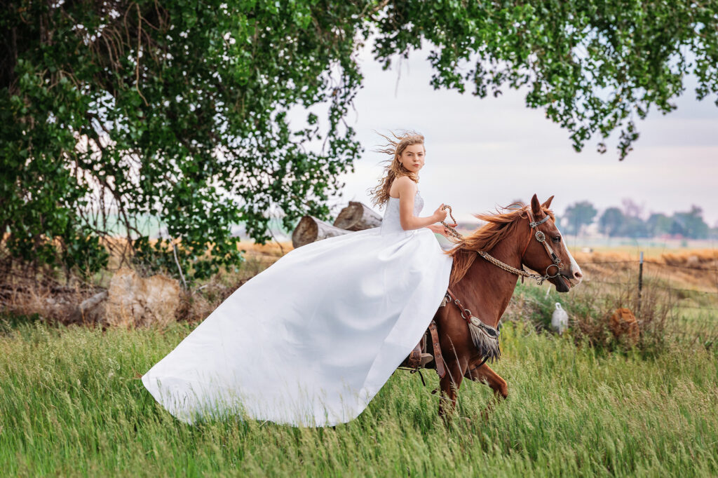 Teen girl riding a chestnut horse in a white bridal gown through a green field under cottonwood trees during an editorial equestrian session in Eaton, Colorado with Heather Lilly Photography, LLC