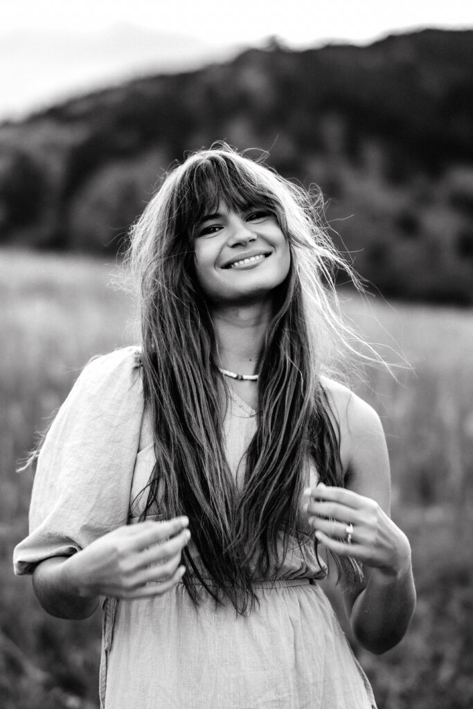 Timeless black and white portrait of Eden Alley, photographed in Boulder, Colorado natural light setting.